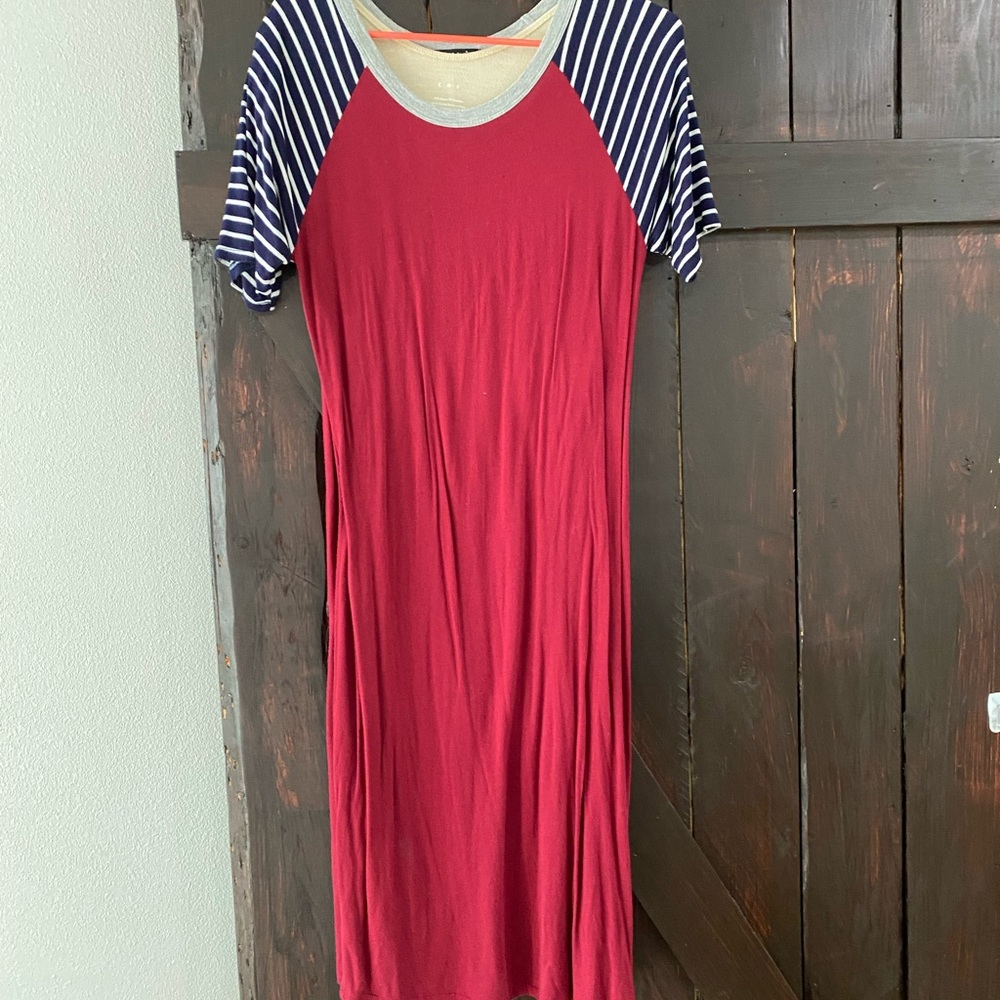 Sweet Claire, size medium, maroon, with navy colored sleeves and white stripes